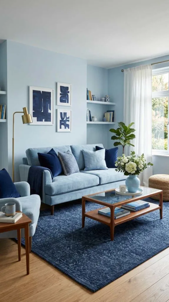 12 Light Blue Living Room Ideas for a Calm and Cozy Space 11 Navy and Light Blue Balanced Styling