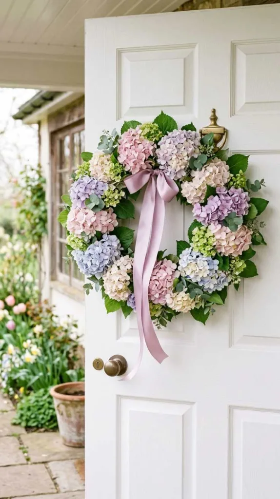 10+ Spring Wreath Ideas for Front Door That Feel Welcoming 14 Pastel Hydrangea Cluster Arrangement