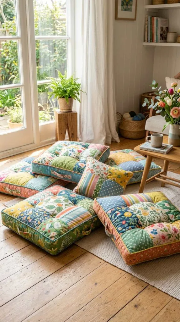 12 Spring DIY Floor Cushion Ideas for Cozy Spaces 4 Patchwork Fabric Comfort Cushions