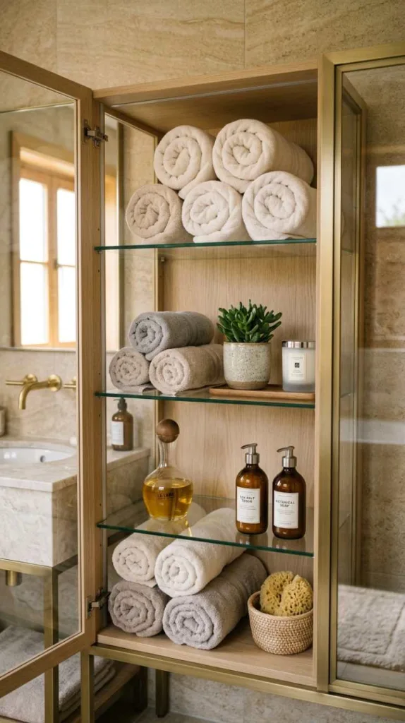 12 Bathroom Cabinet Styling Ideas for Small Space Homes 10 Rolled Towel Display Styling
