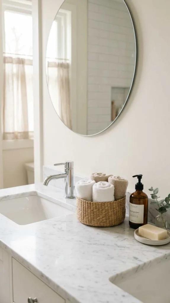 12 Bathroom Counter Decor Ideas for a Clean and Cozy Look 7 Rolled Towels in a Basket