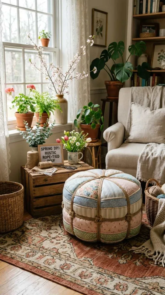 12 Spring DIY Floor Cushion Ideas for Cozy Spaces 6 Rope-Tied Pouf Cushion Style