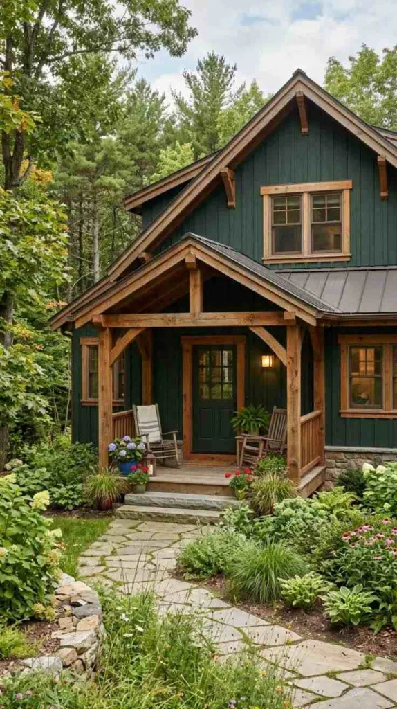 10+ Dark Green Exterior House Color Ideas That Feel Timeless 11 Rustic Wood and Green Pairing