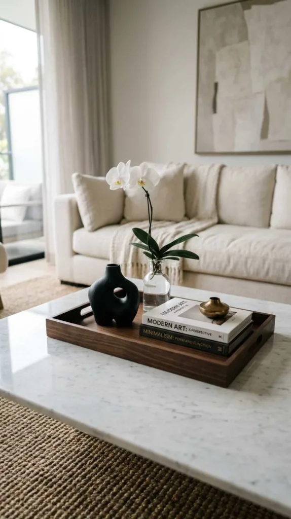 11+ Coffee Table Tray Decor Ideas for a Cozy Living room 7 Sculptural Decor on a Rectangular Tray