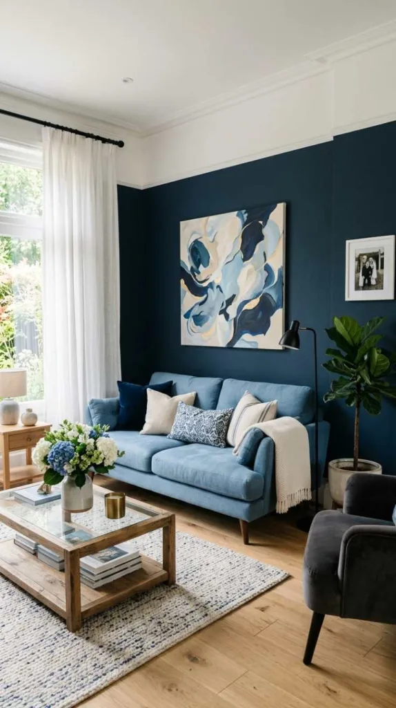 12 Light Blue Living Room Ideas for a Calm and Cozy Space 3 Soft Blue Sofa with Bold Wall Contrast