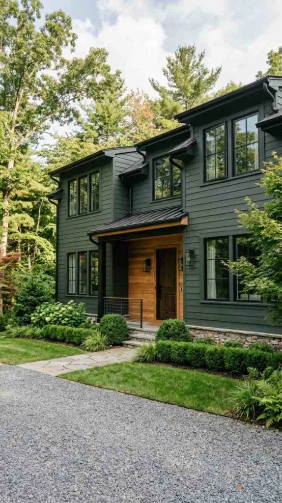 10+ Dark Green Exterior House Color Ideas That Feel Timeless 14 Soft Green Rustic Modern Mix