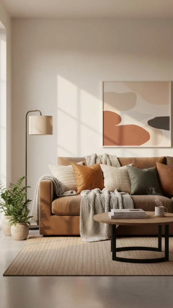 Soft Upholstered Brown Couch Setup