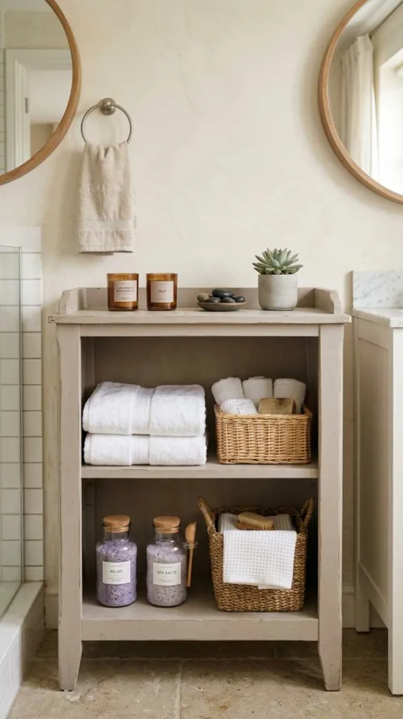 12 Bathroom Cabinet Styling Ideas for Small Space Homes 7 Spa Neutral Cabinet Decor
