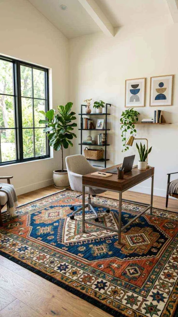 11+ Modern Home Office Decor Ideas for a Stylish Workspace 6 Statement Rug Office Focus