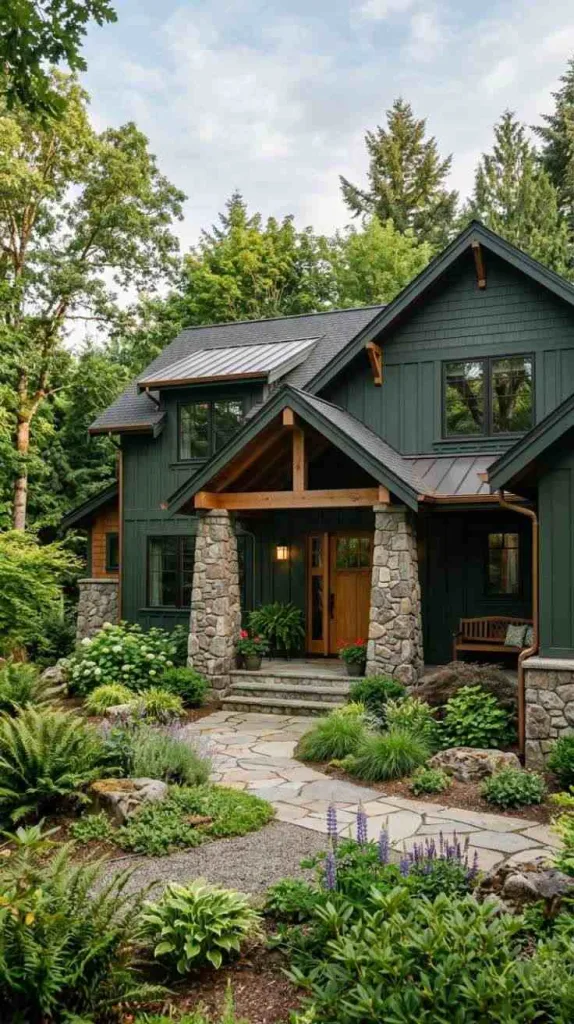 10+ Dark Green Exterior House Color Ideas That Feel Timeless 4 Stone and Green Contrast