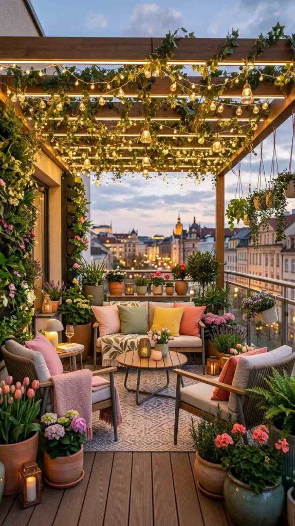 12 Spring Balcony Decoration Ideas 2026 for Cozy Small Spaces 11 String Light Canopy Glow Setup