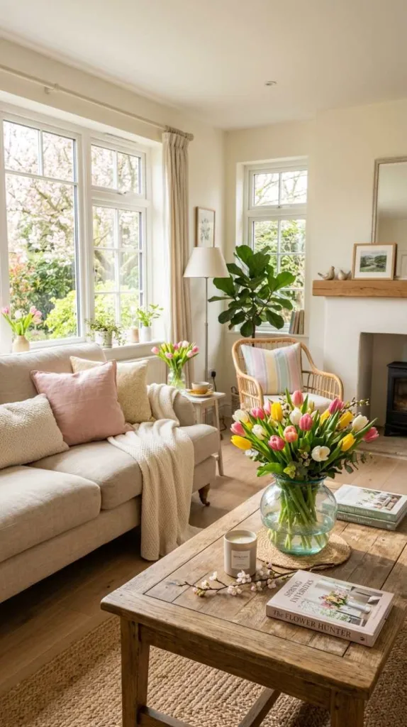 10+ Spring Decor Inspiration for Living Rooms that Feel Fresh 13 Tulip Fresh Neutral