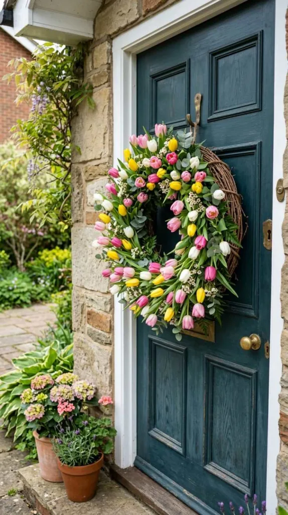 10+ Spring Wreath Ideas for Front Door That Feel Welcoming 5 Tulip Grapevine Wreath with Fresh Color