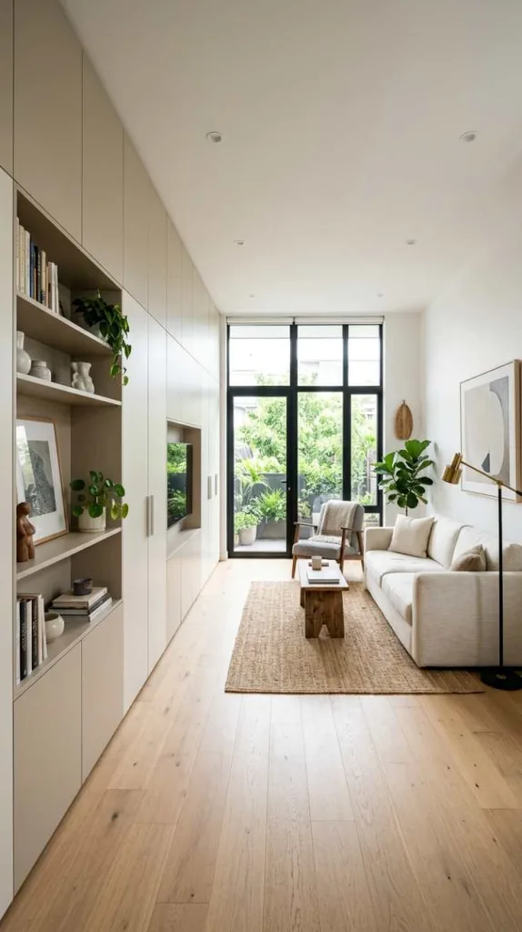 10+ Brilliant Layouts for Your Long Narrow Living Room: Smart Design 8 Turn One Wall into Functional Storage