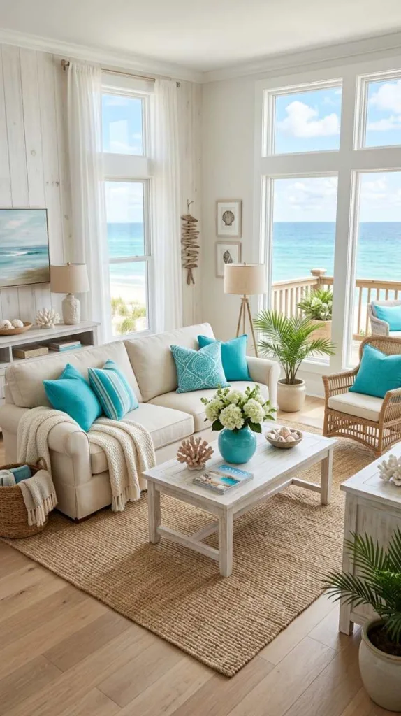 11+ Coastal Living Room Ideas for a Relaxed Beachy Feel 6 Turquoise Pop Coastal Accent Style