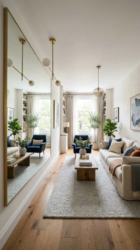 10+ Brilliant Layouts for Your Long Narrow Living Room: Smart Design 10 Use Mirrors to Break the Narrow Feel
