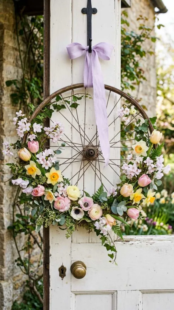 10+ Spring Wreath Ideas for Front Door That Feel Welcoming 12 Vintage Bicycle Rim Wreath