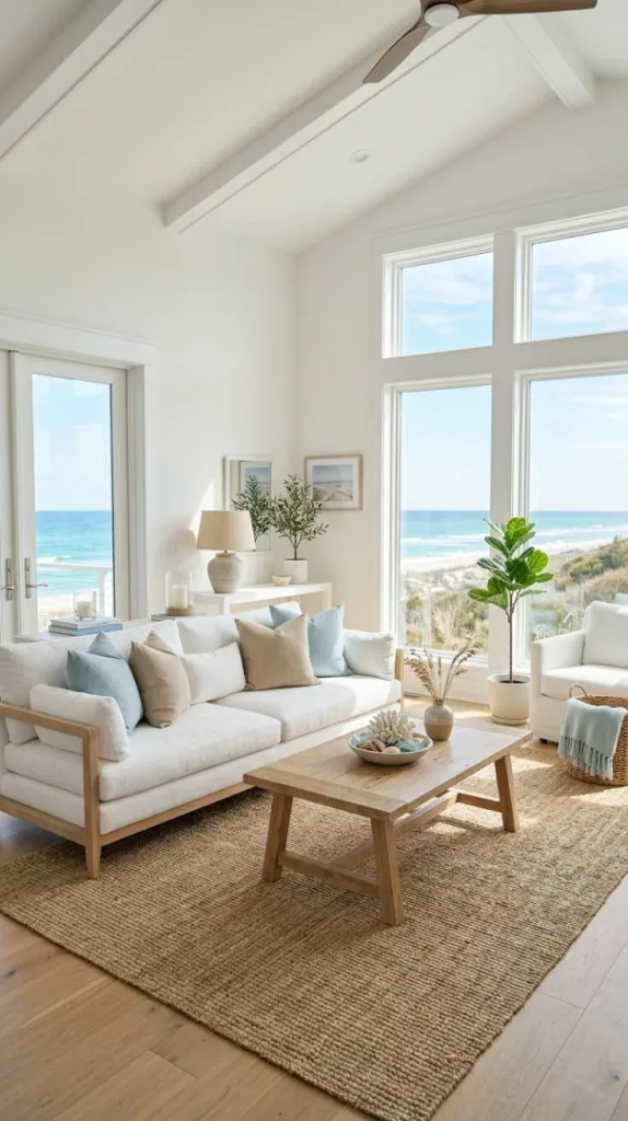 11+ Coastal Living Room Ideas for a Relaxed Beachy Feel 9 White Modern Coastal Simplicity
