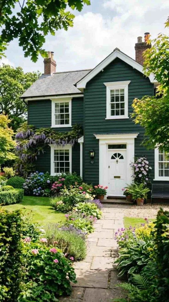 10+ Dark Green Exterior House Color Ideas That Feel Timeless 12 White Trim Green Balance