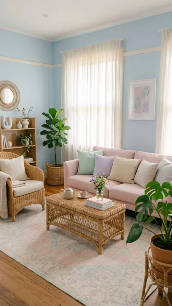 10+ Pastel Color Palette Ideas for Living Room Decor 13 Wicker and Pastel Balance