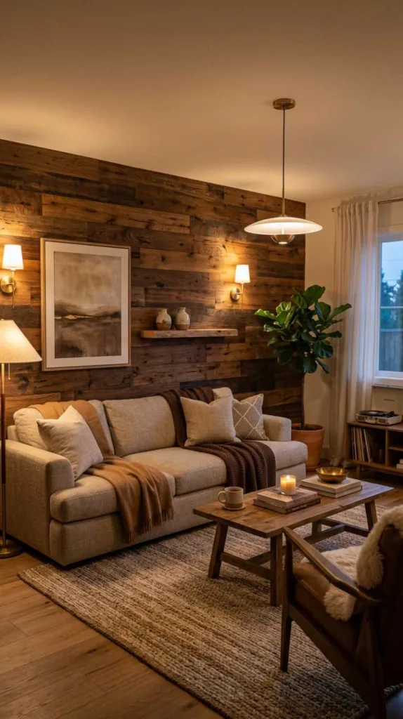 11+ Brown Living Room Decorating Ideas You'll Love 8 Wood Wall Warmth