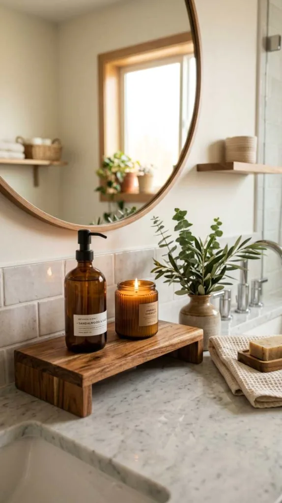 12 Bathroom Counter Decor Ideas for a Clean and Cozy Look 6 Wooden Accents and Texture