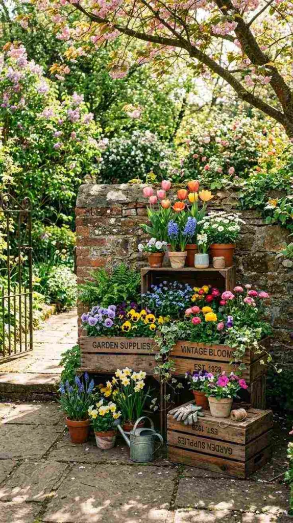 10+ Spring Garden Decor Ideas to Refresh Your Outdoor Space 7 Wooden Crate Layers