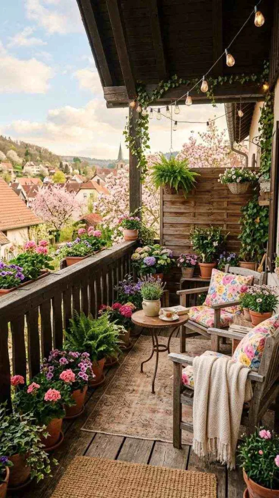 12 Spring Balcony Decoration Ideas 2026 for Cozy Small Spaces 13 Wooden Rustic Balcony Touch