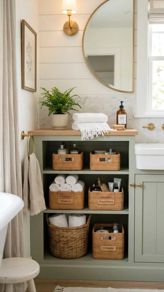12 Bathroom Cabinet Styling Ideas for Small Space Homes 5 Woven Basket Cabinet Storage