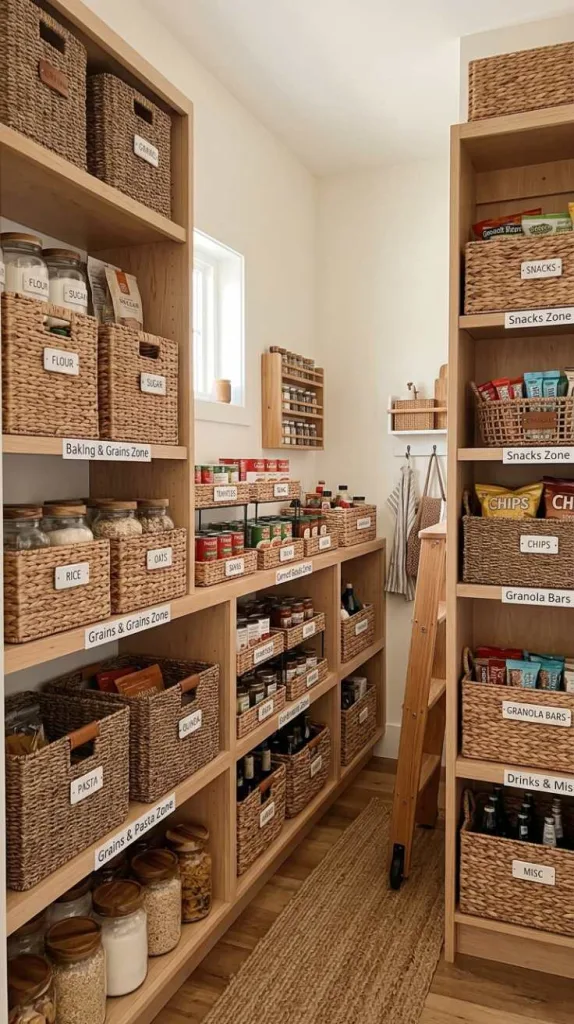 10+ Home Pantry Styling Hacks for Small Apartment Living 4 Woven Basket Storage Zones