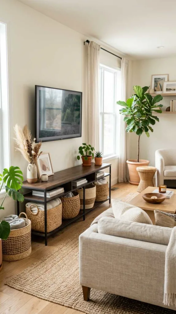 10+ Living Room TV Stand Decor Ideas for a Cozy Home 7 Woven Texture