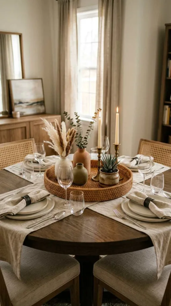 11+ Round Dining Table Decor Ideas for a Cozy Dining Space 9 Woven Tray Decor