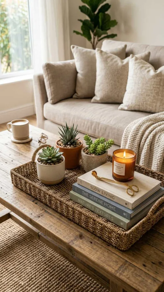 11+ Coffee Table Tray Decor Ideas for a Cozy Living room 3 Woven Tray Styling That Feels Relaxed