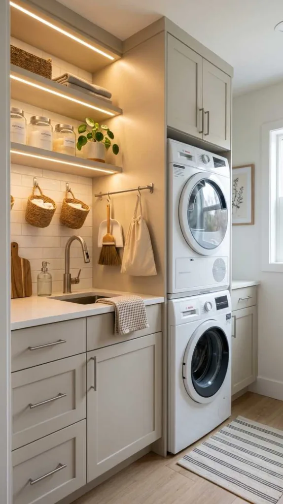 10+ Stacked Laundry Room Ideas Small Spaces 12 Add Under-Shelf Lighting