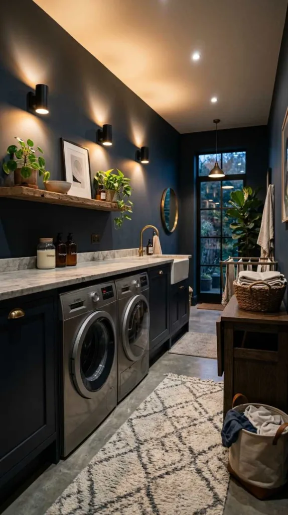 10+ Moody Laundry Room Ideas for Elegant Home Style 7 Ambient Wall Lighting