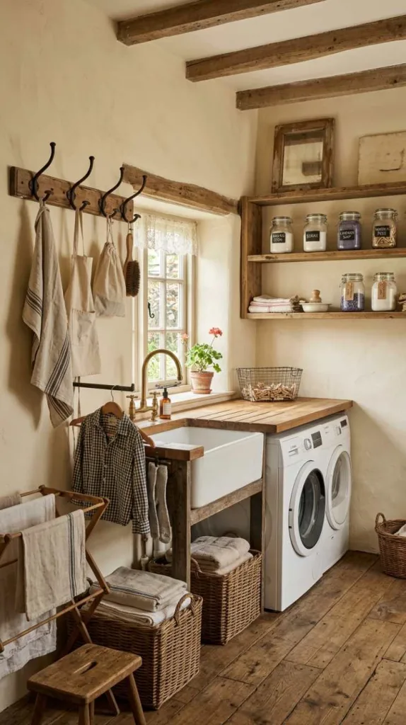 10+ Rustic Farmhouse Laundry Room Ideas for Cozy Home 11 Antique Hook Wall Rail