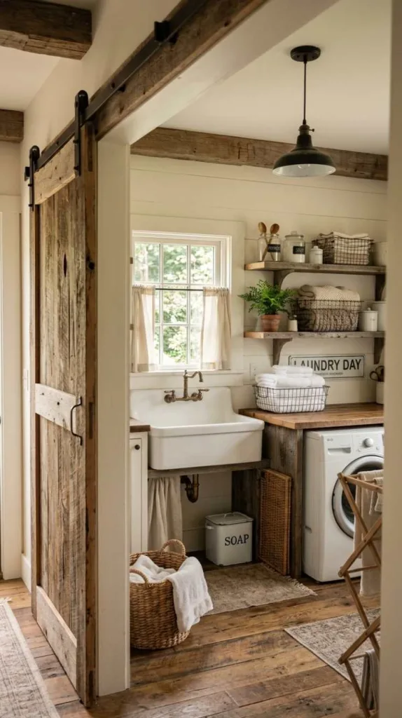 10+ Rustic Farmhouse Laundry Room Ideas for Cozy Home 5 Barn Door Laundry Entry