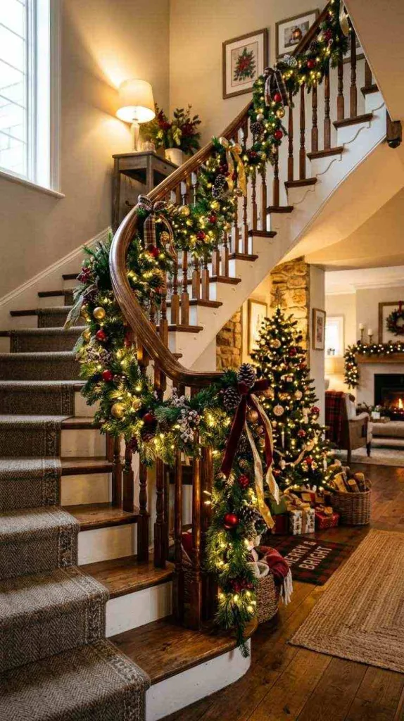 12 Christmas Staircase Decor Ideas for a Festive Home 4 Battery Fairy Lights