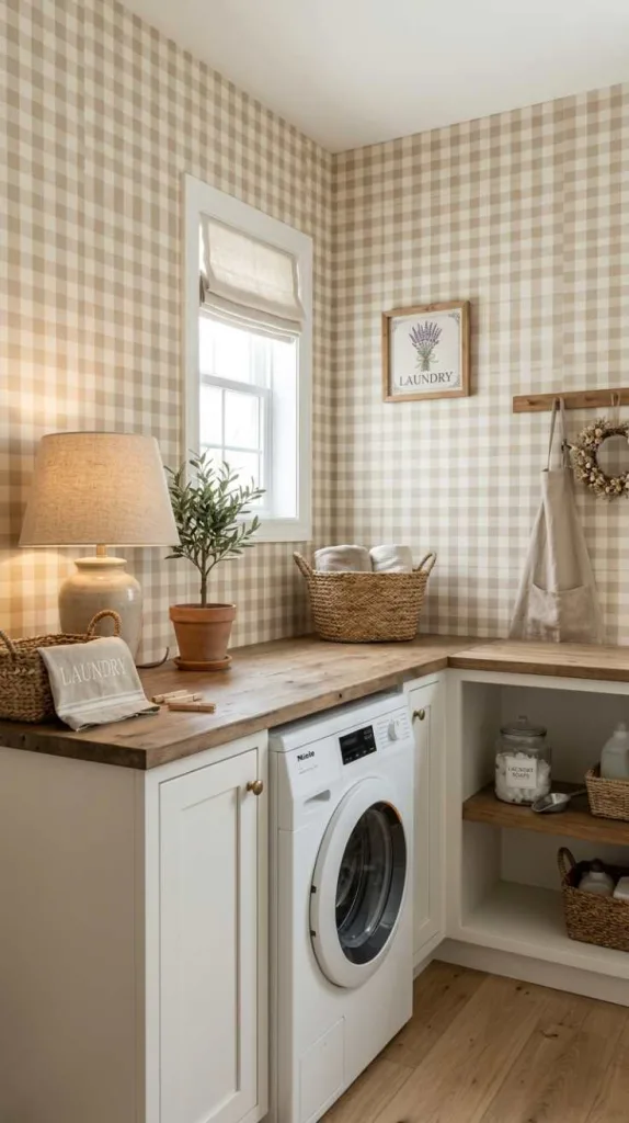 11+ Laundry Room Wallpaper Ideas for Stylish Small Spaces 7 Beige Gingham