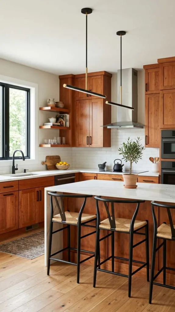 11+ Kitchen Color Schemes That Make Cherry Cabinets Pop 14 Black Accents + Light Walls