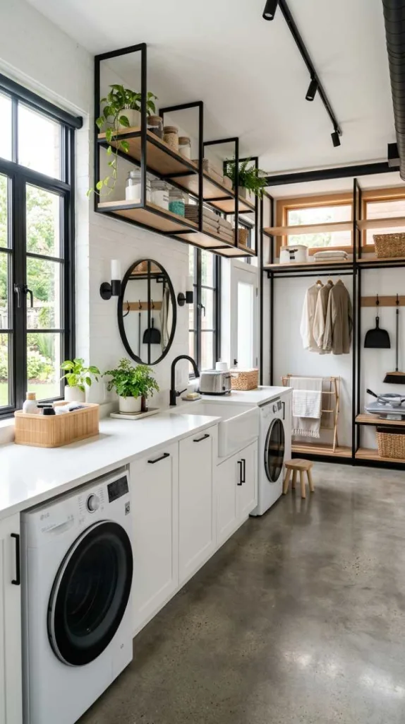 10+ Open Laundry Room Ideas for Bright Homes 6 Black Metal Accents