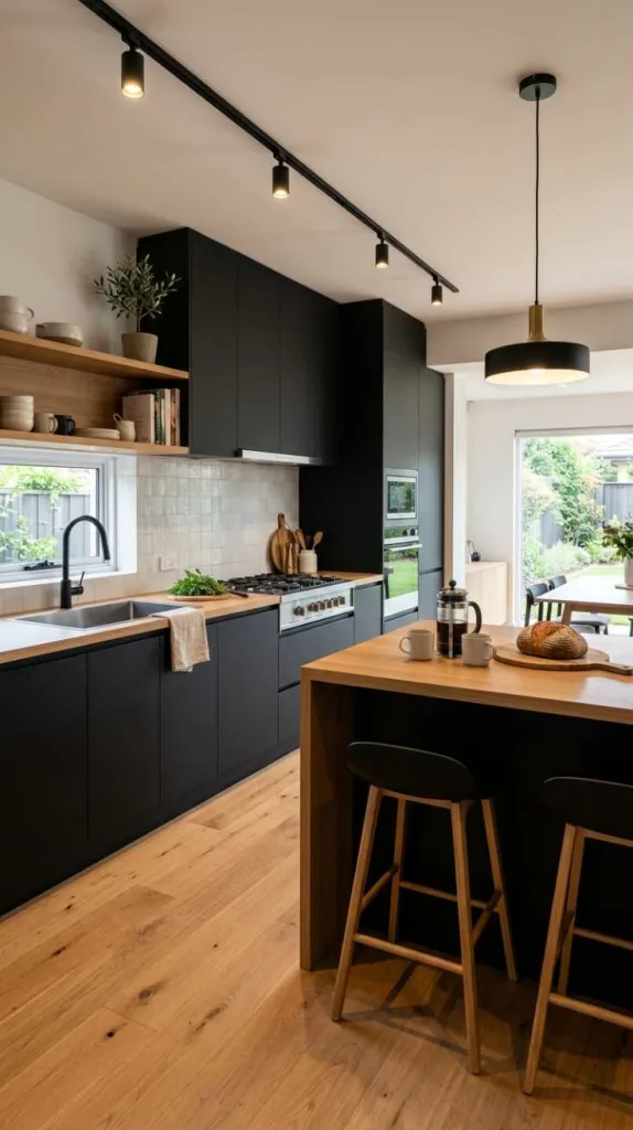 10+ Kitchen Color Combination Inspirations for Modern Homes 13 Black & Oak