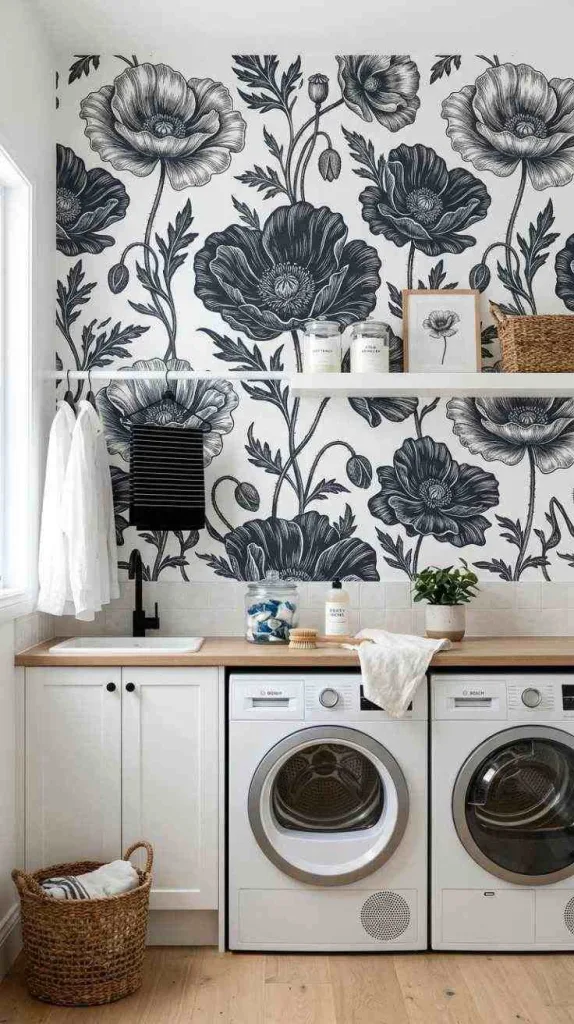 11+ Laundry Room Wallpaper Ideas for Stylish Small Spaces 5 Black and White Poppy