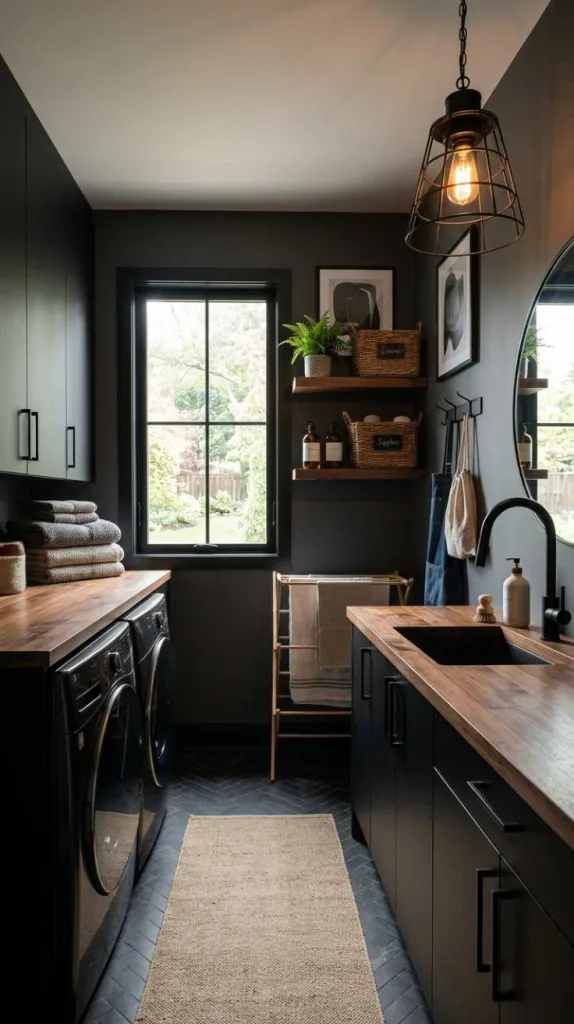 10+ Moody Laundry Room Ideas for Elegant Home Style 10 Black and Wood Contrast