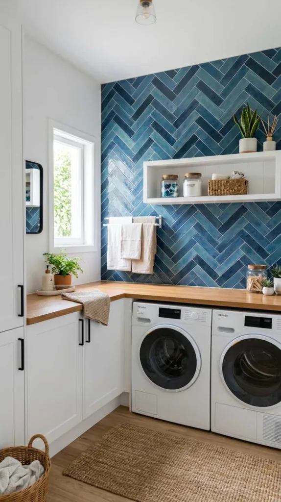 Blue Herringbone Tile Feature Wall
