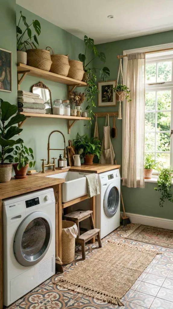 10+ Green Laundry Room Ideas for Fresh Spaces 8 Bohemian Green Oasis
