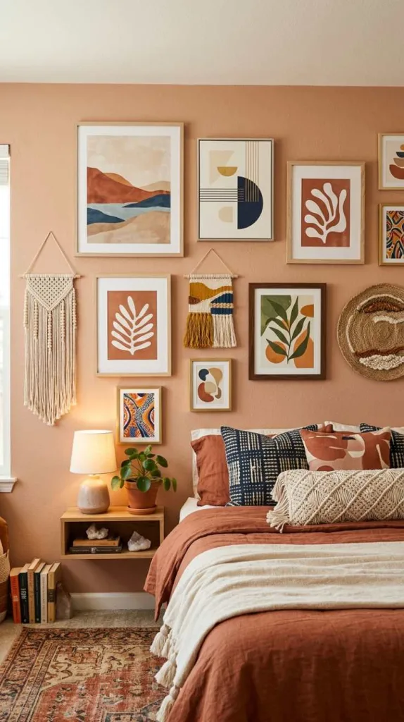 10+ Wall Decor Ideas for Bedroom that Instantly Elevate Style 9 Boho Abstract Art Display