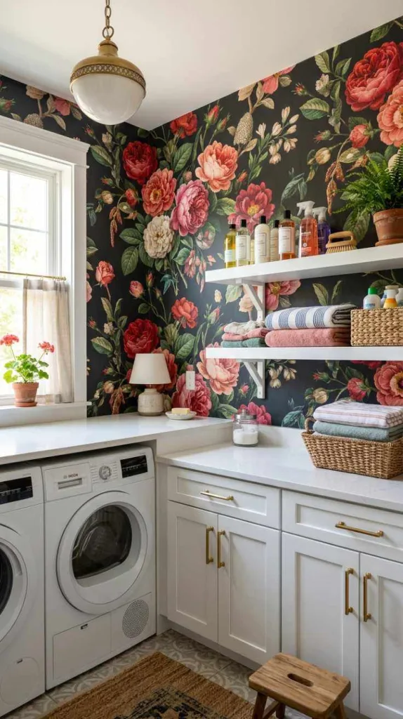 11+ Laundry Room Wall Ideas with Rustic Charm 3 Bold Floral Wallpaper