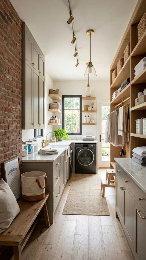 12 Long Laundry Room Ideas for Functional Layouts 11 Brick Feature Section