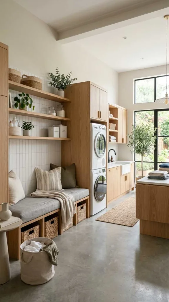 10+ Open Laundry Room Ideas for Bright Homes 7 Built-In Bench